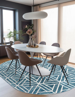 Blue 5' 3 x 8' Matrix Trellis Oval Area Rug 100% Polyester Geometric Pattern Modern Carpet for Living, Dining, Bedroom, Office for Sale at Rug Engine