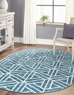 Blue 5' 3 x 8' Matrix Trellis Oval Area Rug 100% Polyester Geometric Pattern Modern Carpet for Living, Dining, Bedroom, Office for Sale at Rug Engine
