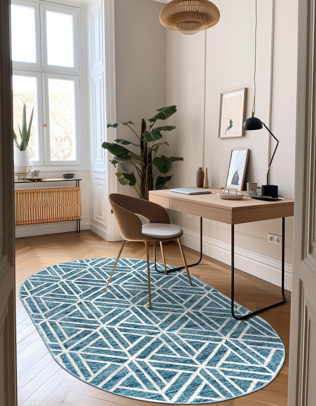 Blue 5' 3 x 8' Matrix Trellis Oval Area Rug 100% Polyester Geometric Pattern Modern Carpet for Living, Dining, Bedroom, Office for Sale at Rug Engine