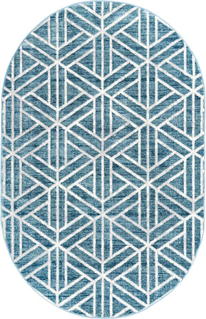 Blue 5' 3 x 8' Matrix Trellis Oval Area Rug 100% Polyester Geometric Pattern Modern Carpet for Living, Dining, Bedroom, Office for Sale at Rug Engine