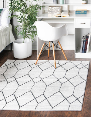 White 7' x 7' Matrix Trellis Square Area Rug 100% Polyester Geometric Pattern Modern Carpet for Living, Dining, Bedroom, Office for Sale at Rug Engine