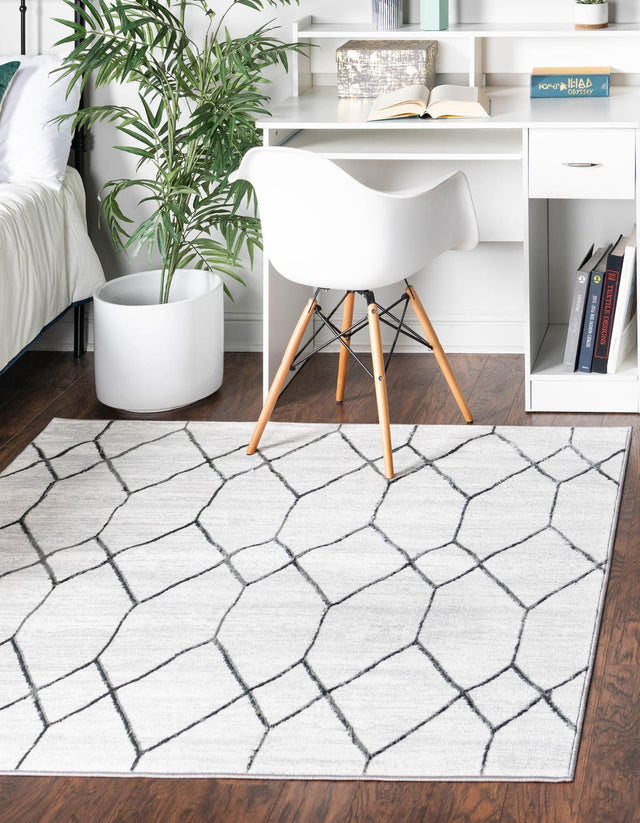 White 7' x 7' Matrix Trellis Square Area Rug 100% Polyester Geometric Pattern Modern Carpet for Living, Dining, Bedroom, Office for Sale at Rug Engine