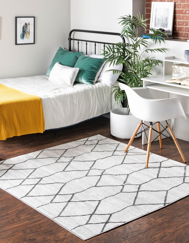 White 5' 3 x 5' 3 Matrix Trellis Square Area Rug 100% Polyester Geometric Pattern Modern Carpet for Living, Dining, Bedroom, Office for Sale at Rug Engine