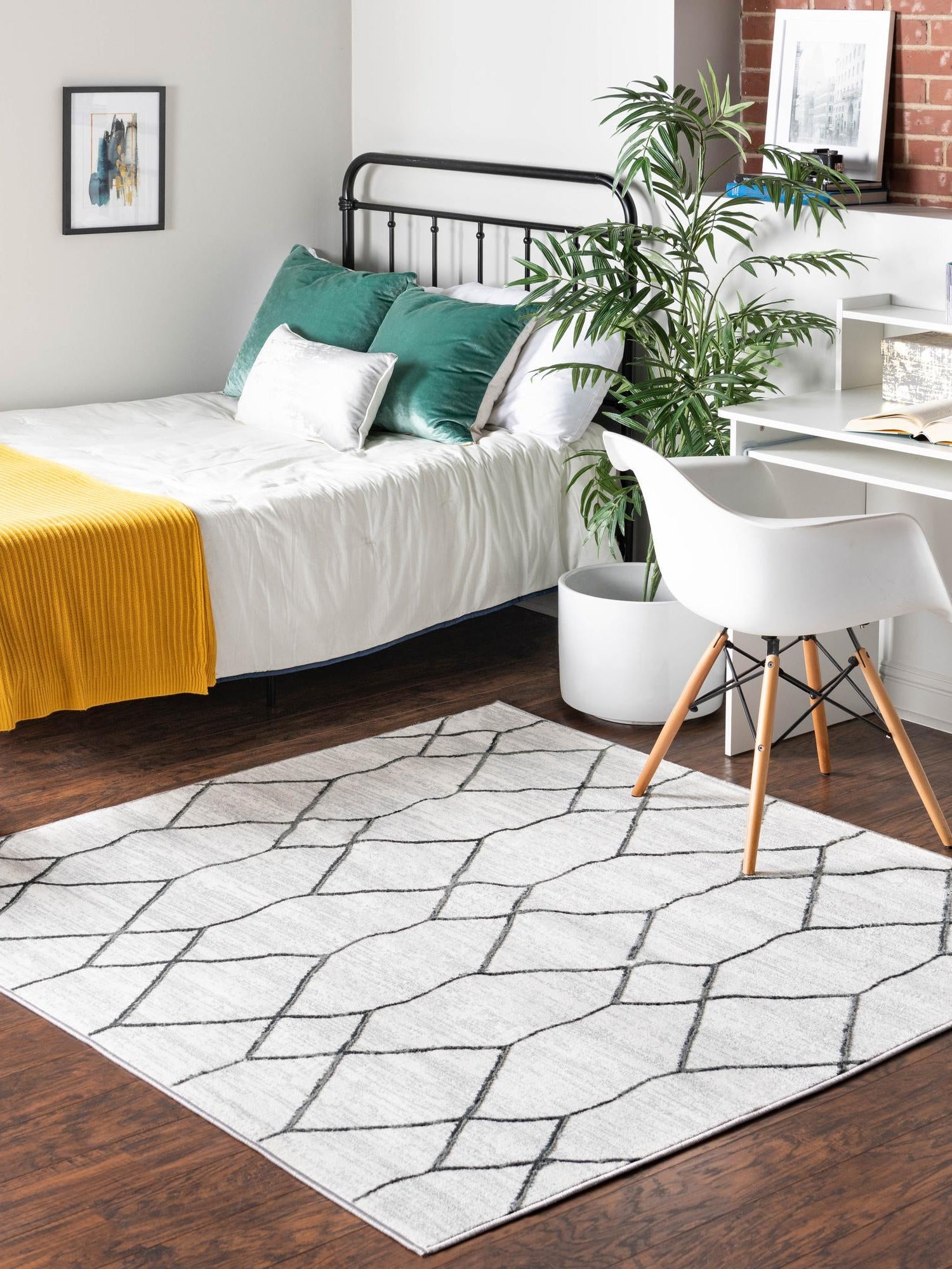 White 7' x 7' Matrix Trellis Square Area Rug 100% Polyester Geometric Pattern Modern Carpet for Living, Dining, Bedroom, Office for Sale at Rug Engine