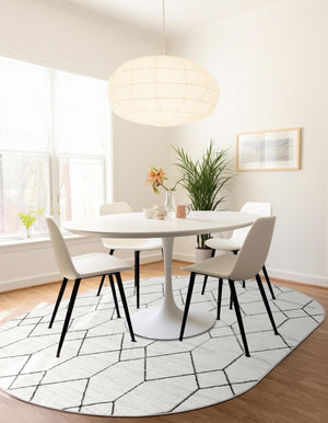 White 5' 3 x 8' Matrix Trellis Oval Area Rug 100% Polyester Geometric Pattern Modern Carpet for Living, Dining, Bedroom, Office for Sale at Rug Engine
