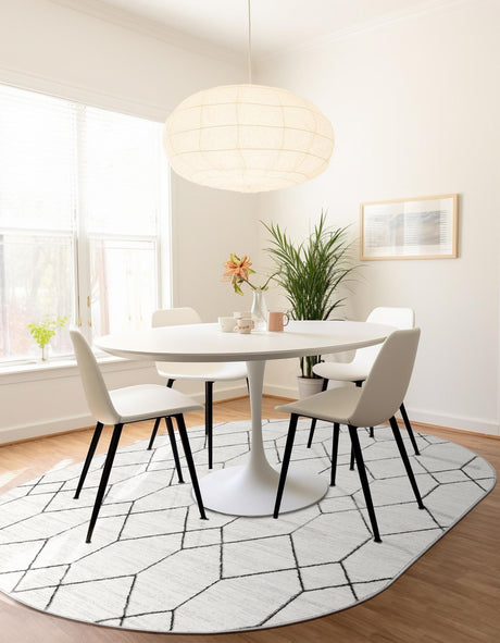 White 5' 3 x 8' Matrix Trellis Oval Area Rug 100% Polyester Geometric Pattern Modern Carpet for Living, Dining, Bedroom, Office for Sale at Rug Engine
