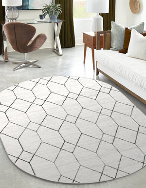 White 5' 3 x 8' Matrix Trellis Oval Area Rug 100% Polyester Geometric Pattern Modern Carpet for Living, Dining, Bedroom, Office for Sale at Rug Engine