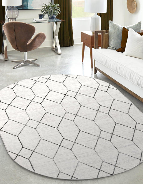 White 5' 3 x 8' Matrix Trellis Oval Area Rug 100% Polyester Geometric Pattern Modern Carpet for Living, Dining, Bedroom, Office for Sale at Rug Engine