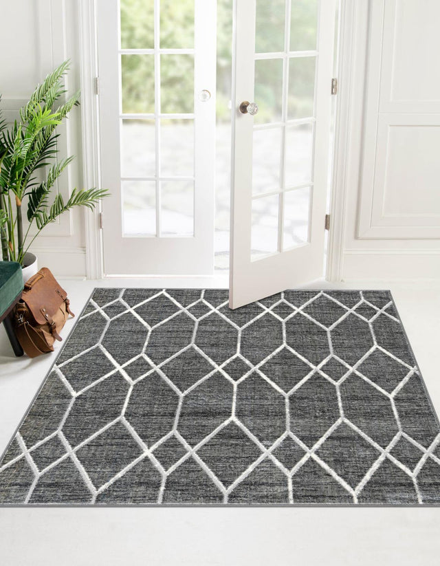 Gray 5' 3 x 5' 3 Matrix Trellis Square Area Rug 100% Polyester Geometric Pattern Modern Carpet for Living, Dining, Bedroom, Office for Sale at Rug Engine