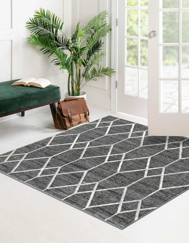 Gray 5' 3 x 5' 3 Matrix Trellis Square Area Rug 100% Polyester Geometric Pattern Modern Carpet for Living, Dining, Bedroom, Office for Sale at Rug Engine