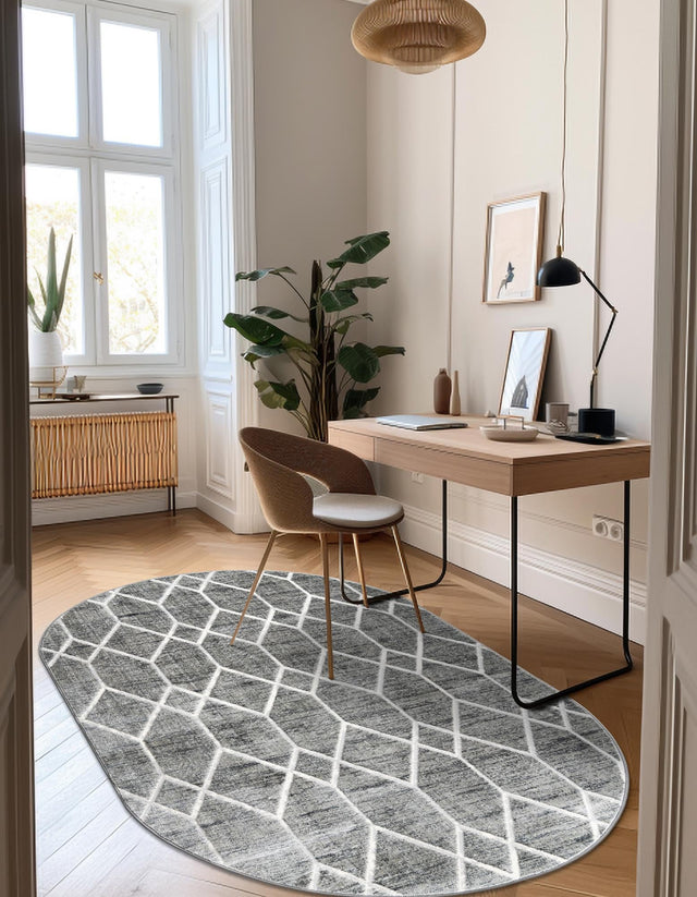 Gray 5' 3 x 8' Matrix Trellis Oval Area Rug 100% Polyester Geometric Pattern Modern Carpet for Living, Dining, Bedroom, Office for Sale at Rug Engine