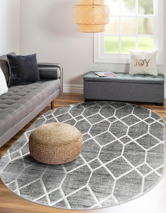 Gray 5' 3 x 8' Matrix Trellis Oval Area Rug 100% Polyester Geometric Pattern Modern Carpet for Living, Dining, Bedroom, Office for Sale at Rug Engine