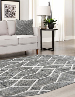 Gray 5' 3 x 8' Matrix Trellis Oval Area Rug 100% Polyester Geometric Pattern Modern Carpet for Living, Dining, Bedroom, Office for Sale at Rug Engine
