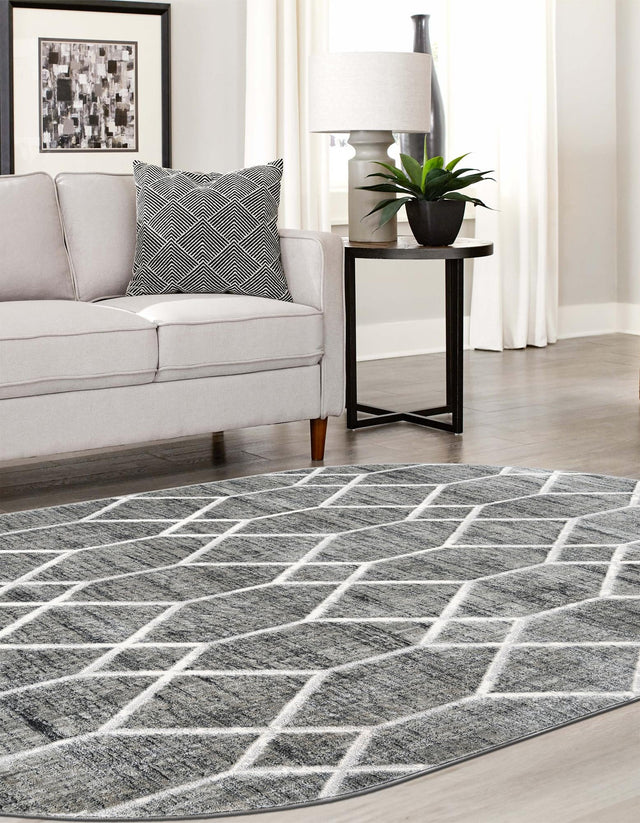 Gray 5' 3 x 8' Matrix Trellis Oval Area Rug 100% Polyester Geometric Pattern Modern Carpet for Living, Dining, Bedroom, Office for Sale at Rug Engine