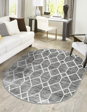 Gray 5' 3 x 8' Matrix Trellis Oval Area Rug 100% Polyester Geometric Pattern Modern Carpet for Living, Dining, Bedroom, Office for Sale at Rug Engine
