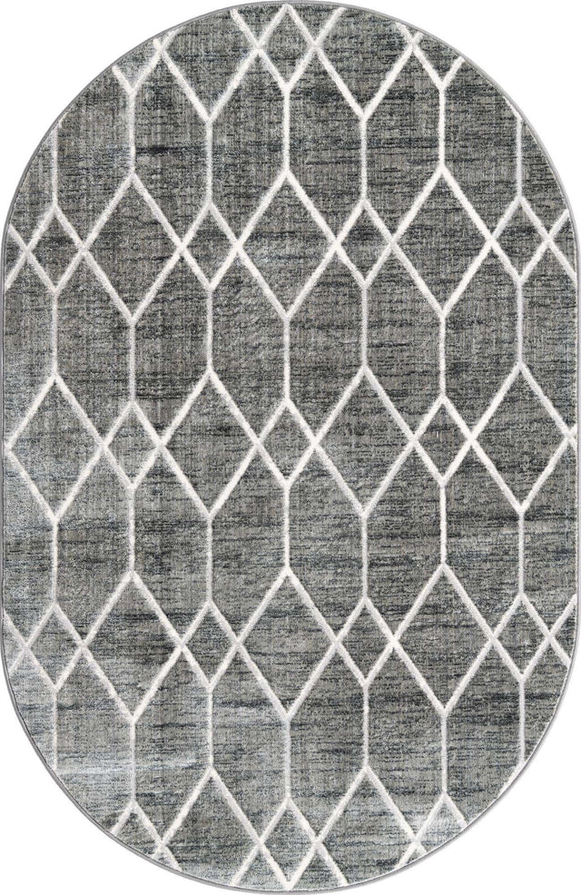 Gray 5' 3 x 8' Matrix Trellis Oval Area Rug 100% Polyester Geometric Pattern Modern Carpet for Living, Dining, Bedroom, Office for Sale at Rug Engine