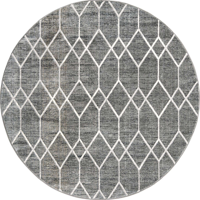 Gray 7' x 7' Matrix Trellis Round Area Rug 100% Polyester Geometric Pattern Modern Carpet for Living, Dining, Bedroom, Office for Sale at Rug Engine
