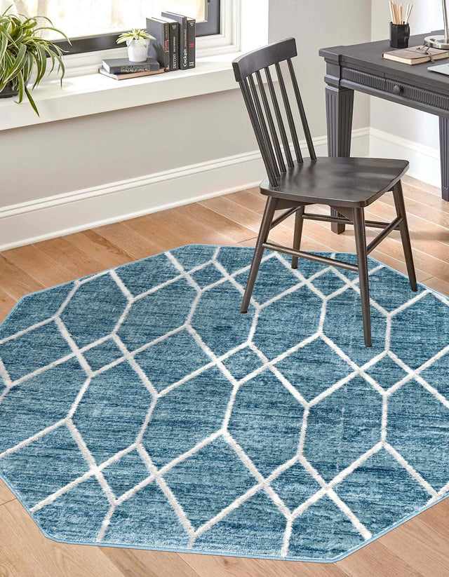 Blue 5' 3 x 5' 3 Matrix Trellis Octagon Area Rug 100% Polyester Geometric Pattern Modern Carpet for Living, Dining, Bedroom, Office for Sale at Rug Engine