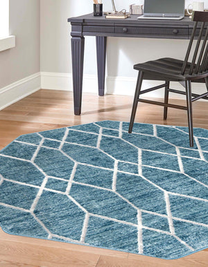 Blue 5' 3 x 5' 3 Matrix Trellis Octagon Area Rug 100% Polyester Geometric Pattern Modern Carpet for Living, Dining, Bedroom, Office for Sale at Rug Engine