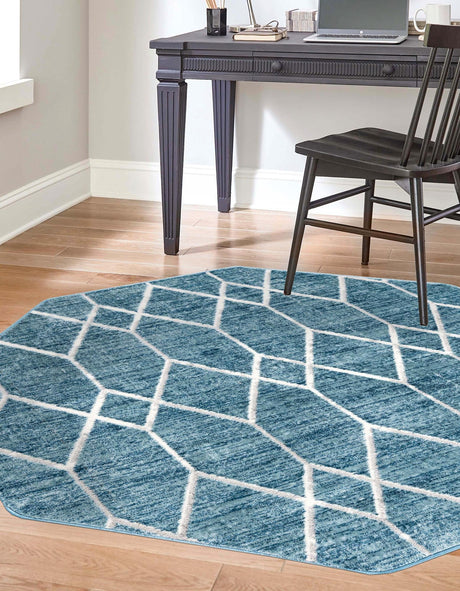 Blue 5' 3 x 5' 3 Matrix Trellis Octagon Area Rug 100% Polyester Geometric Pattern Modern Carpet for Living, Dining, Bedroom, Office for Sale at Rug Engine