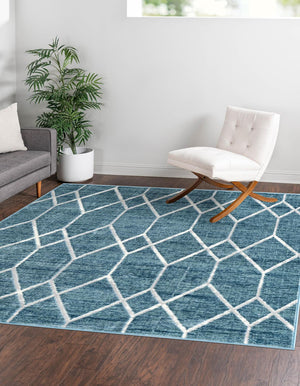 Blue 7' x 7' Matrix Trellis Square Area Rug 100% Polyester Geometric Pattern Modern Carpet for Living, Dining, Bedroom, Office for Sale at Rug Engine