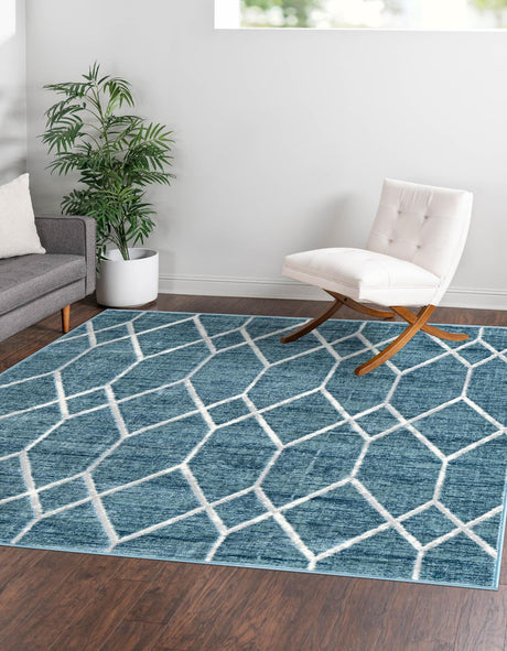 Blue 7' x 7' Matrix Trellis Square Area Rug 100% Polyester Geometric Pattern Modern Carpet for Living, Dining, Bedroom, Office for Sale at Rug Engine
