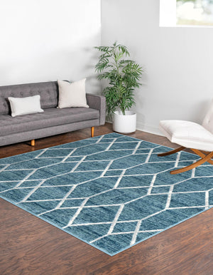 Blue 7' x 7' Matrix Trellis Square Area Rug 100% Polyester Geometric Pattern Modern Carpet for Living, Dining, Bedroom, Office for Sale at Rug Engine