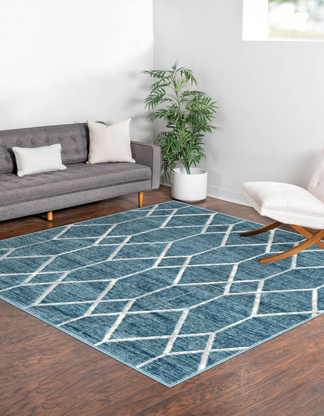Blue 7' x 7' Matrix Trellis Square Area Rug 100% Polyester Geometric Pattern Modern Carpet for Living, Dining, Bedroom, Office for Sale at Rug Engine