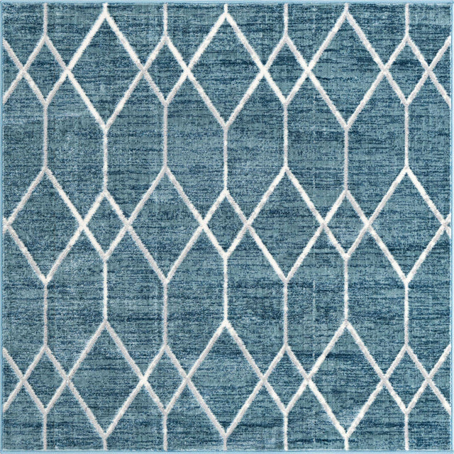 Blue 5' 3 x 5' 3 Matrix Trellis Square Area Rug 100% Polyester Geometric Pattern Modern Carpet for Living, Dining, Bedroom, Office for Sale at Rug Engine