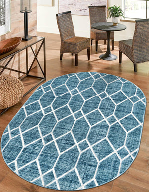 Blue 5' 3 x 8' Matrix Trellis Oval Area Rug 100% Polyester Geometric Pattern Modern Carpet for Living, Dining, Bedroom, Office for Sale at Rug Engine