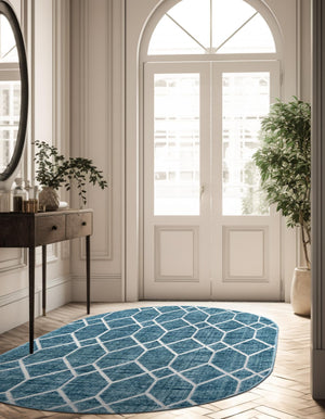 Blue 5' 3 x 8' Matrix Trellis Oval Area Rug 100% Polyester Geometric Pattern Modern Carpet for Living, Dining, Bedroom, Office for Sale at Rug Engine