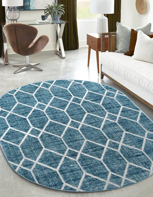 Blue 5' 3 x 8' Matrix Trellis Oval Area Rug 100% Polyester Geometric Pattern Modern Carpet for Living, Dining, Bedroom, Office for Sale at Rug Engine