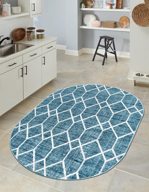 Blue 5' 3 x 8' Matrix Trellis Oval Area Rug 100% Polyester Geometric Pattern Modern Carpet for Living, Dining, Bedroom, Office for Sale at Rug Engine