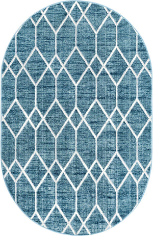 Blue 5' 3 x 8' Matrix Trellis Oval Area Rug 100% Polyester Geometric Pattern Modern Carpet for Living, Dining, Bedroom, Office for Sale at Rug Engine