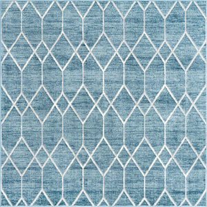 Blue 7' x 7' Matrix Trellis Square Area Rug 100% Polyester Geometric Pattern Modern Carpet for Living, Dining, Bedroom, Office for Sale at Rug Engine