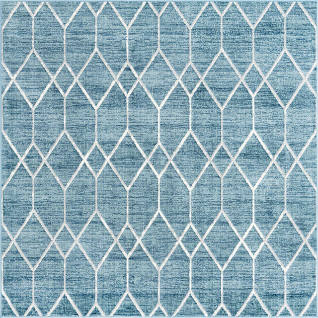 Blue 7' x 7' Matrix Trellis Square Area Rug 100% Polyester Geometric Pattern Modern Carpet for Living, Dining, Bedroom, Office for Sale at Rug Engine