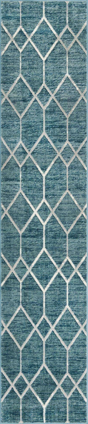 Blue 2' 7 x 13' Matrix Trellis Runner Area Rug 100% Polyester Geometric Pattern Modern Carpet for Living, Dining, Bedroom, Office for Sale at Rug Engine
