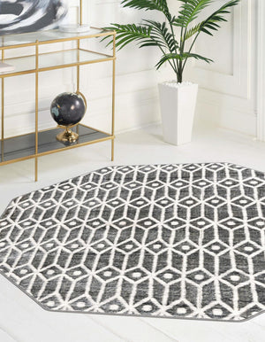 Gray 5' 3 x 5' 3 Matrix Trellis Octagon Area Rug 100% Polyester Geometric Pattern Modern Carpet for Living, Dining, Bedroom, Office for Sale at Rug Engine