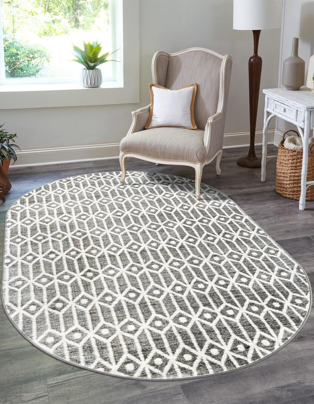 Gray 5' 3 x 8' Matrix Trellis Oval Area Rug 100% Polyester Geometric Pattern Modern Carpet for Living, Dining, Bedroom, Office for Sale at Rug Engine