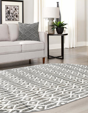 Gray 5' 3 x 8' Matrix Trellis Oval Area Rug 100% Polyester Geometric Pattern Modern Carpet for Living, Dining, Bedroom, Office for Sale at Rug Engine