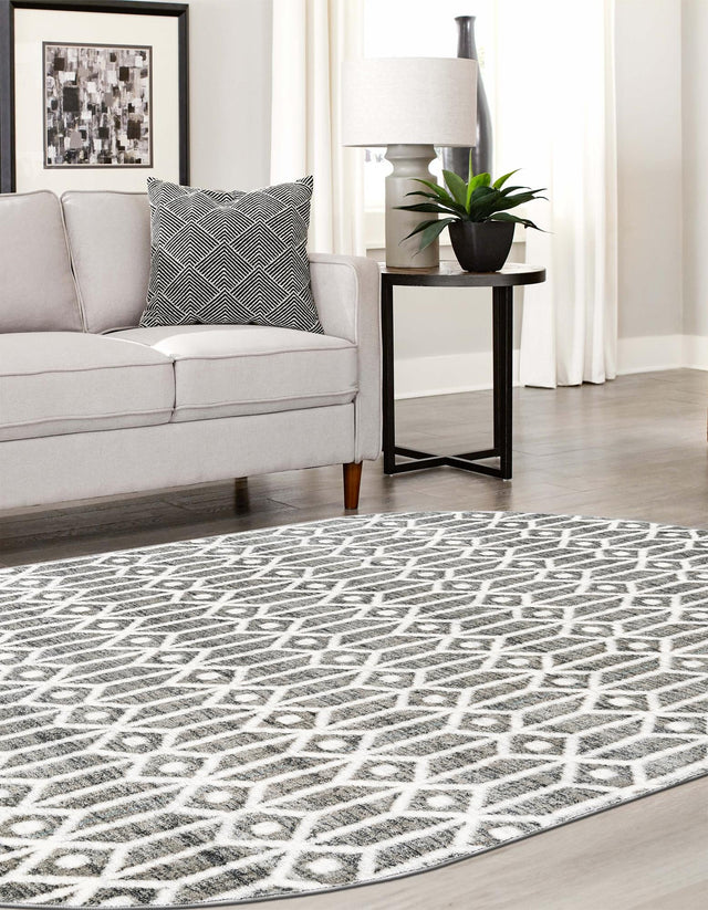 Gray 5' 3 x 8' Matrix Trellis Oval Area Rug 100% Polyester Geometric Pattern Modern Carpet for Living, Dining, Bedroom, Office for Sale at Rug Engine