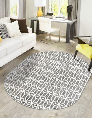 Gray 5' 3 x 8' Matrix Trellis Oval Area Rug 100% Polyester Geometric Pattern Modern Carpet for Living, Dining, Bedroom, Office for Sale at Rug Engine