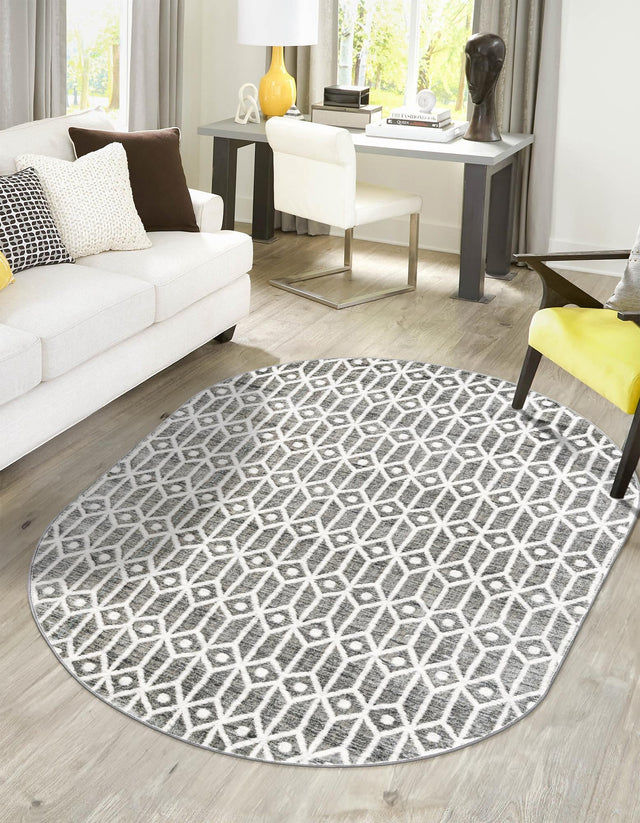 Gray 5' 3 x 8' Matrix Trellis Oval Area Rug 100% Polyester Geometric Pattern Modern Carpet for Living, Dining, Bedroom, Office for Sale at Rug Engine