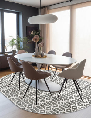 Gray 5' 3 x 8' Matrix Trellis Oval Area Rug 100% Polyester Geometric Pattern Modern Carpet for Living, Dining, Bedroom, Office for Sale at Rug Engine