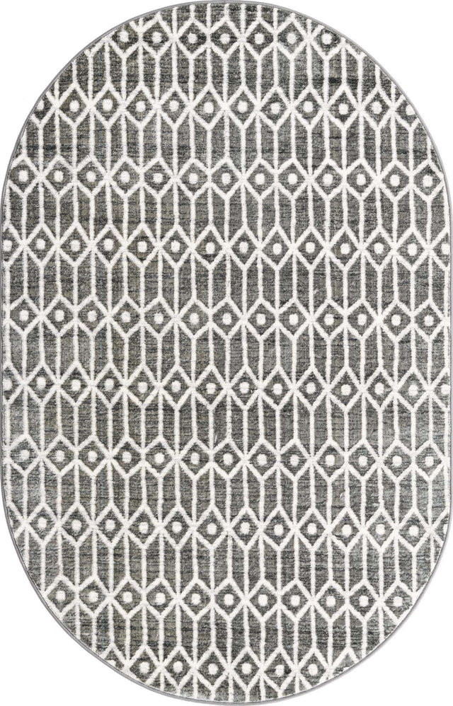 Gray 5' 3 x 8' Matrix Trellis Oval Area Rug 100% Polyester Geometric Pattern Modern Carpet for Living, Dining, Bedroom, Office for Sale at Rug Engine