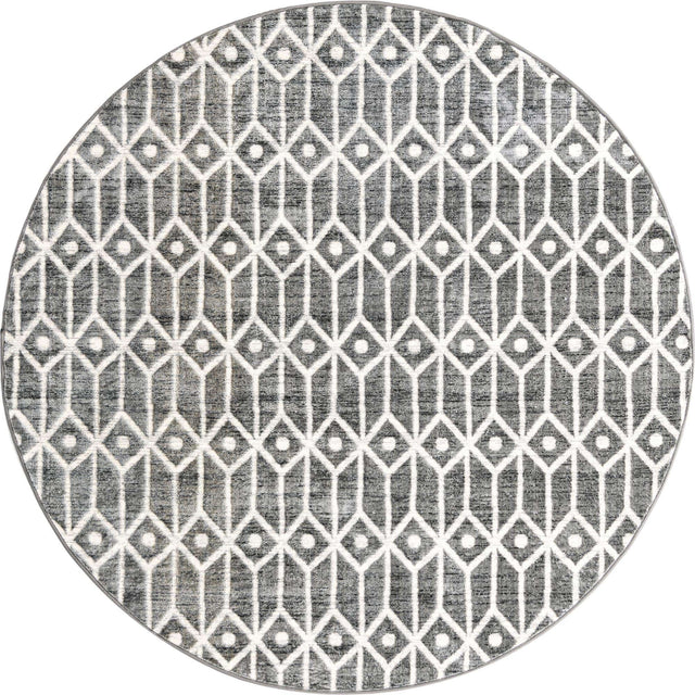 Gray 7' x 7' Matrix Trellis Round Area Rug 100% Polyester Geometric Pattern Modern Carpet for Living, Dining, Bedroom, Office for Sale at Rug Engine