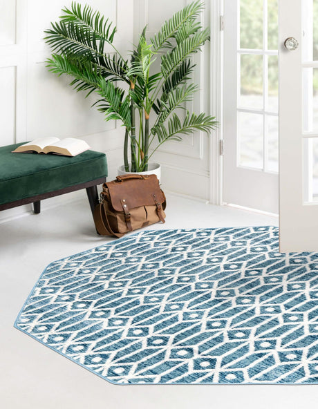 Blue 5' 3 x 5' 3 Matrix Trellis Octagon Area Rug 100% Polyester Geometric Pattern Modern Carpet for Living, Dining, Bedroom, Office for Sale at Rug Engine