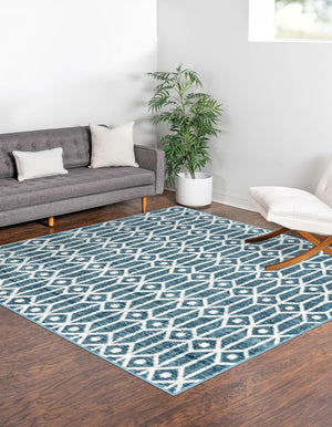 Blue 7' x 7' Matrix Trellis Square Area Rug 100% Polyester Geometric Pattern Modern Carpet for Living, Dining, Bedroom, Office for Sale at Rug Engine