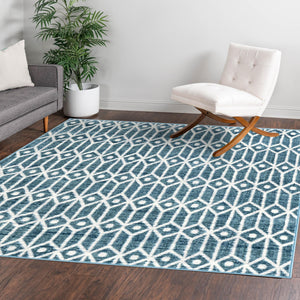 Blue 7' x 7' Matrix Trellis Square Area Rug 100% Polyester Geometric Pattern Modern Carpet for Living, Dining, Bedroom, Office for Sale at Rug Engine