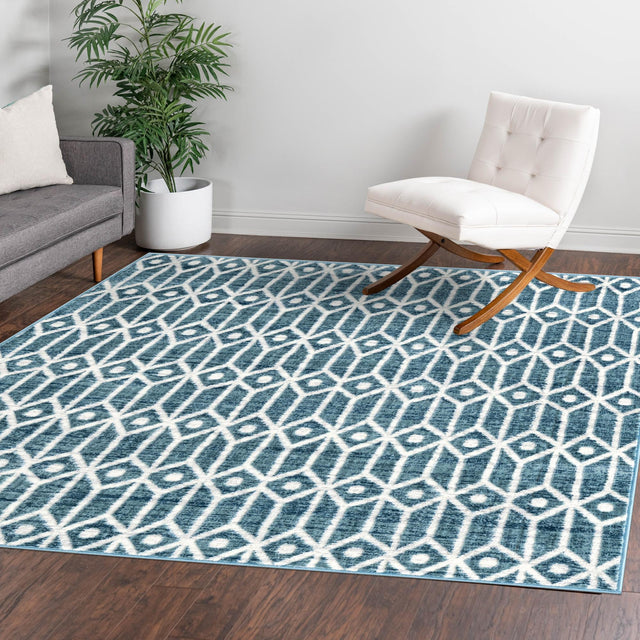 Blue 7' x 7' Matrix Trellis Square Area Rug 100% Polyester Geometric Pattern Modern Carpet for Living, Dining, Bedroom, Office for Sale at Rug Engine